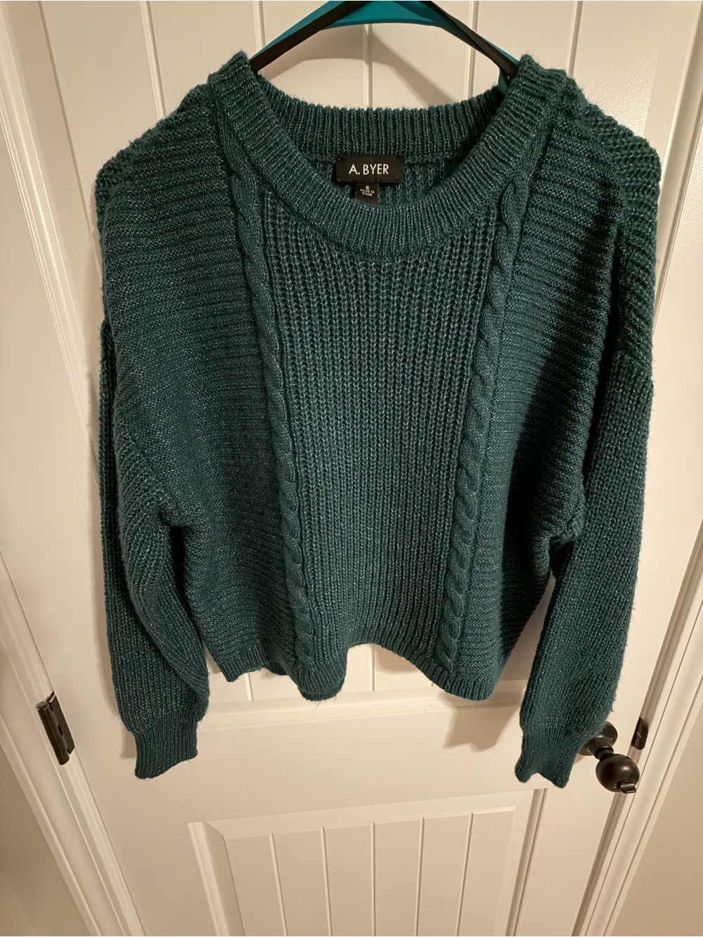 A. Byer Teal Cable-Front Crewneck Sweater